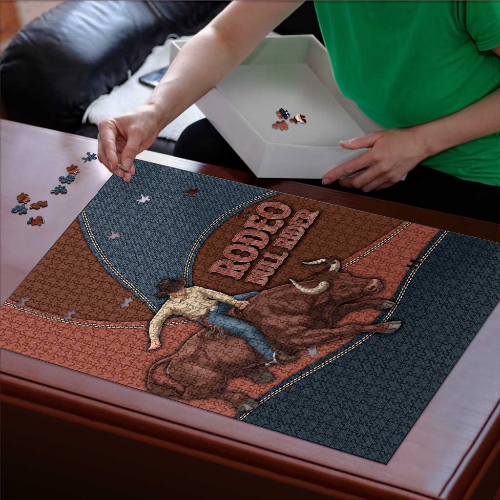 Bull Riding Puzzle Western Cowboy Denim And Leather Effect