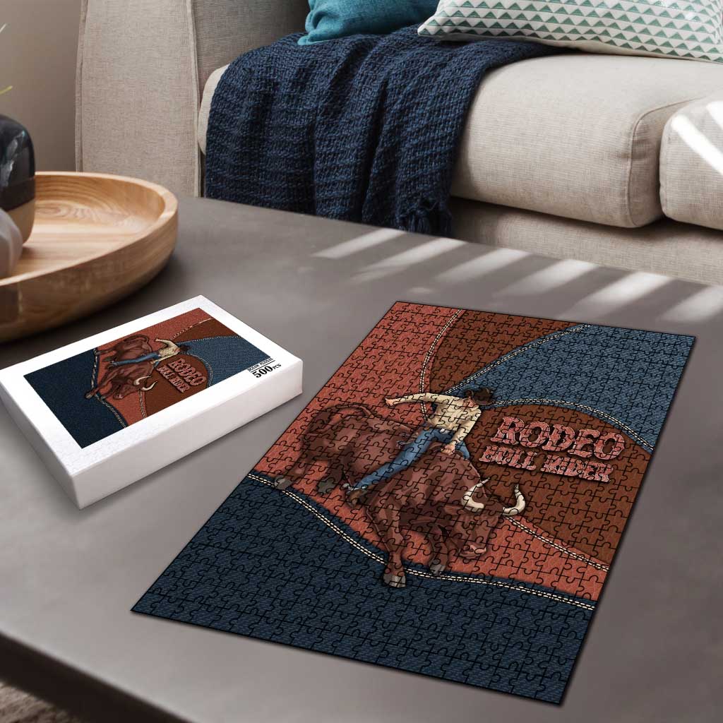 Bull Riding Puzzle Western Cowboy Denim And Leather Effect