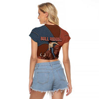 Bull Riding Raglan Cropped T Shirt Western Cowboy Denim And Leather Effect