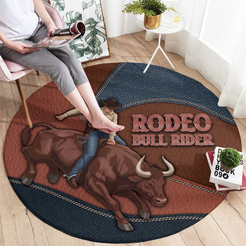 Bull Riding Round Carpet Western Cowboy Denim And Leather Effect