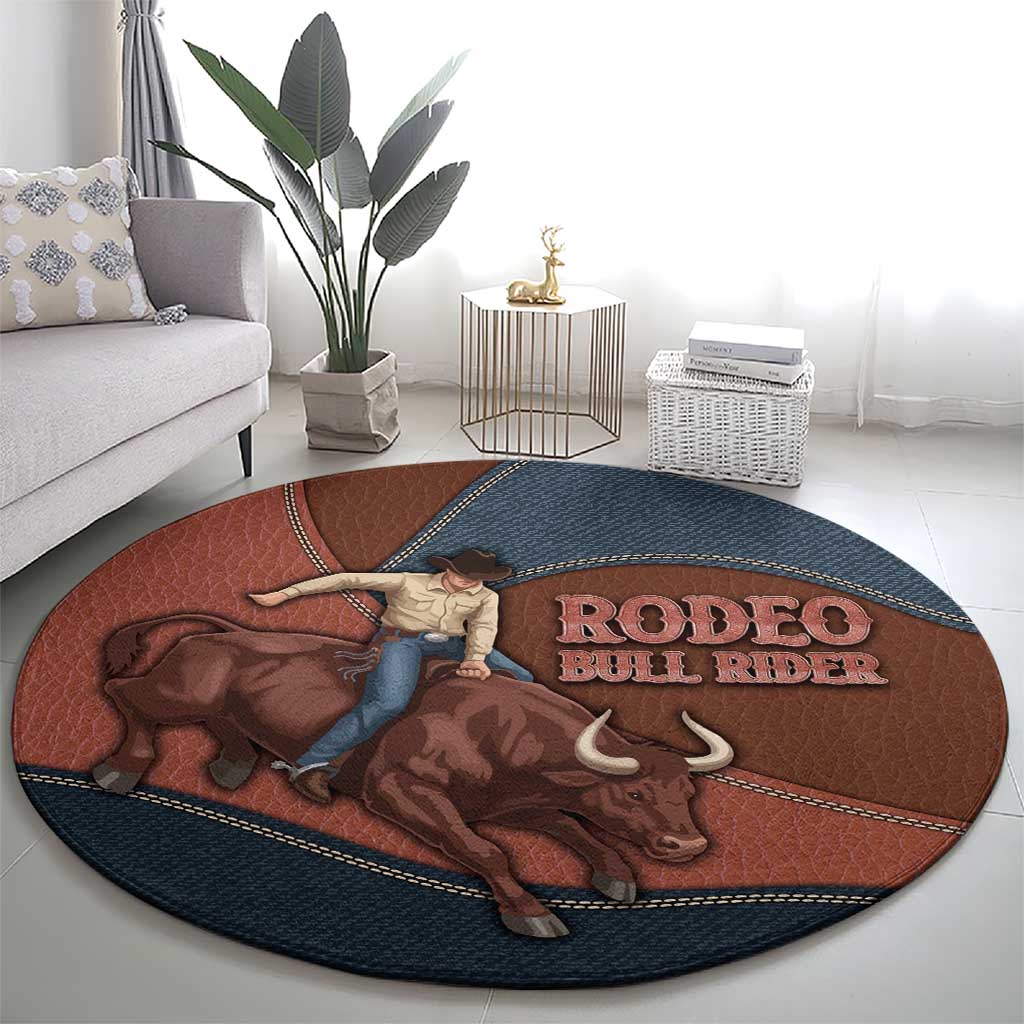 Bull Riding Round Carpet Western Cowboy Denim And Leather Effect