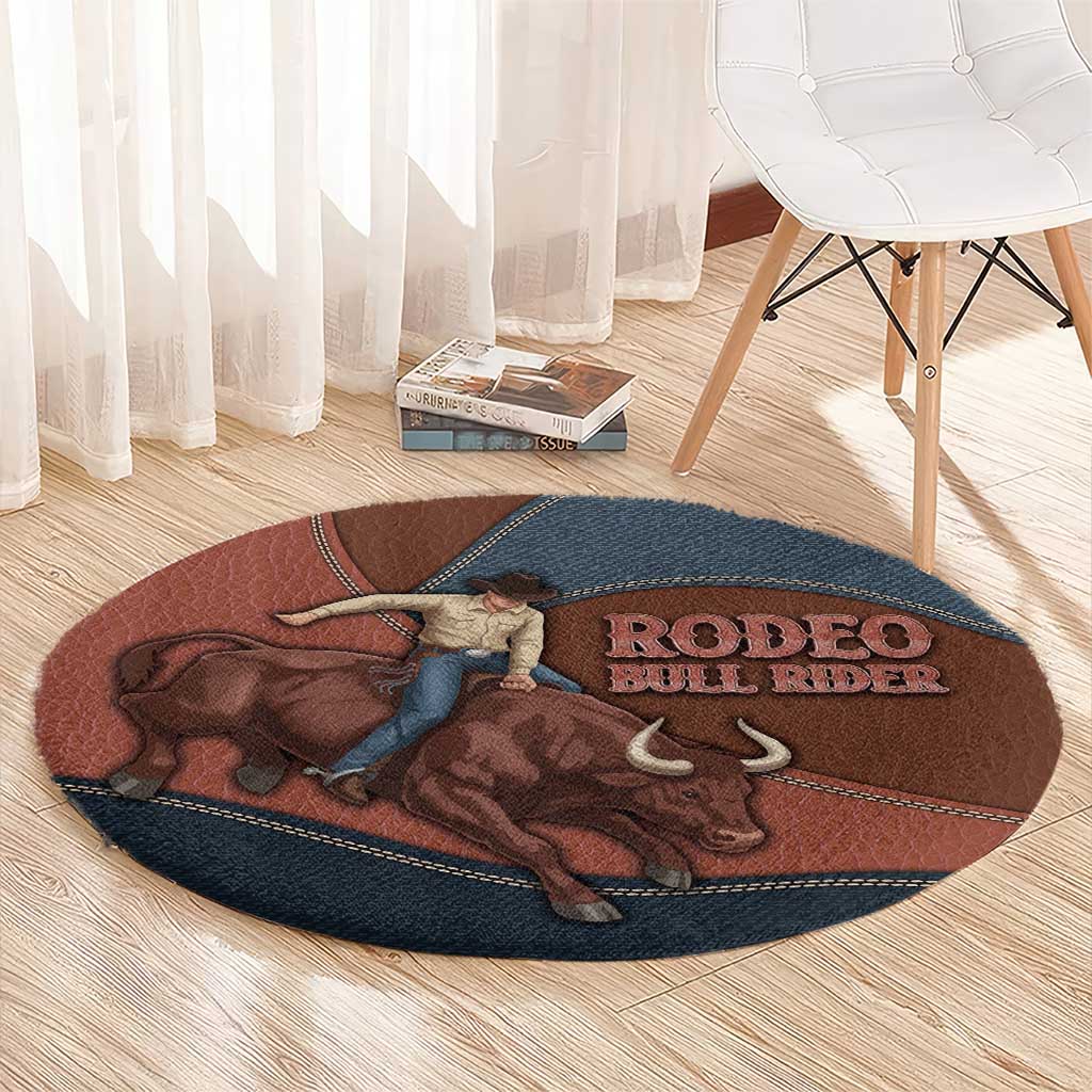 Bull Riding Round Carpet Western Cowboy Denim And Leather Effect