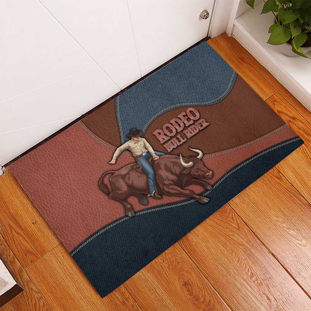 Bull Riding Rubber Doormat Western Cowboy Denim And Leather Effect
