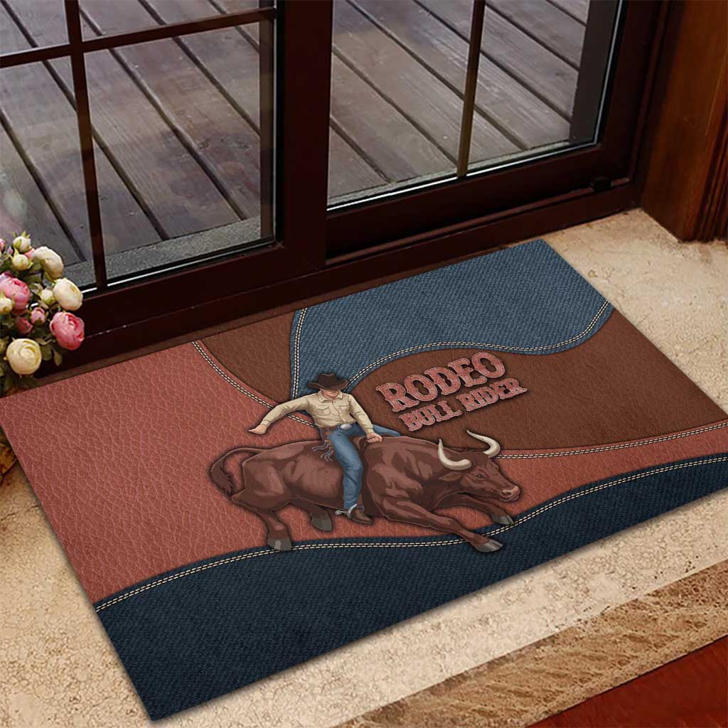 Bull Riding Rubber Doormat Western Cowboy Denim And Leather Effect