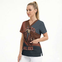 Bull Riding Scrub Top Western Cowboy Denim And Leather Effect