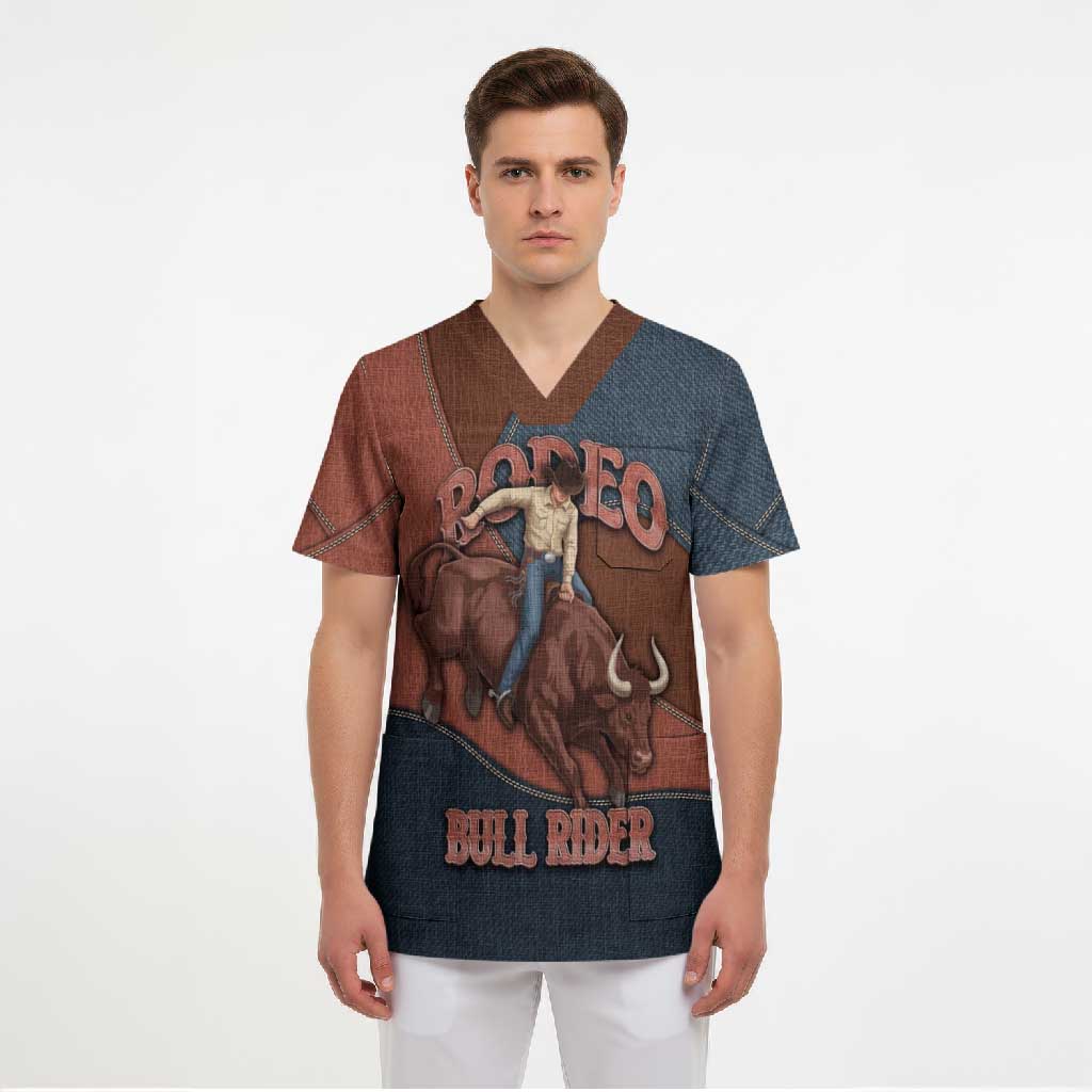 Bull Riding Scrub Top Western Cowboy Denim And Leather Effect