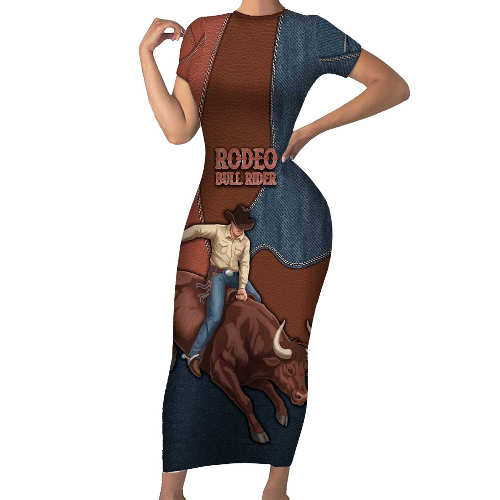 Bull Riding Short Sleeve Bodycon Dress Western Cowboy Denim And Leather Effect