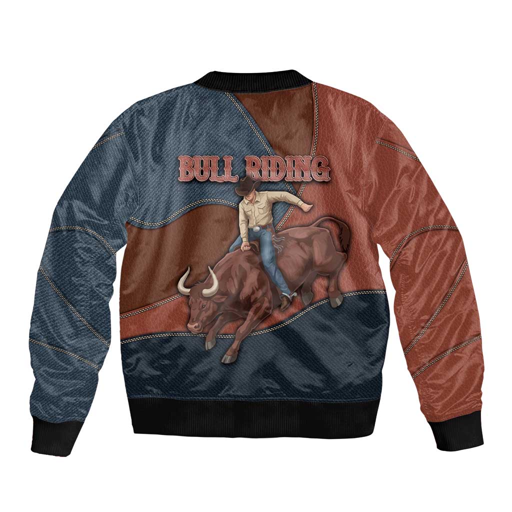 Bull Riding Sleeve Zip Bomber Jacket Western Cowboy Denim And Leather Effect