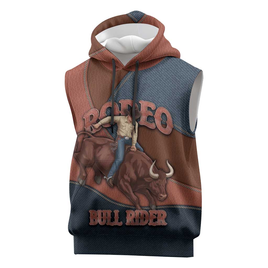 Bull Riding Sleeveless Hoodie Western Cowboy Denim And Leather Effect