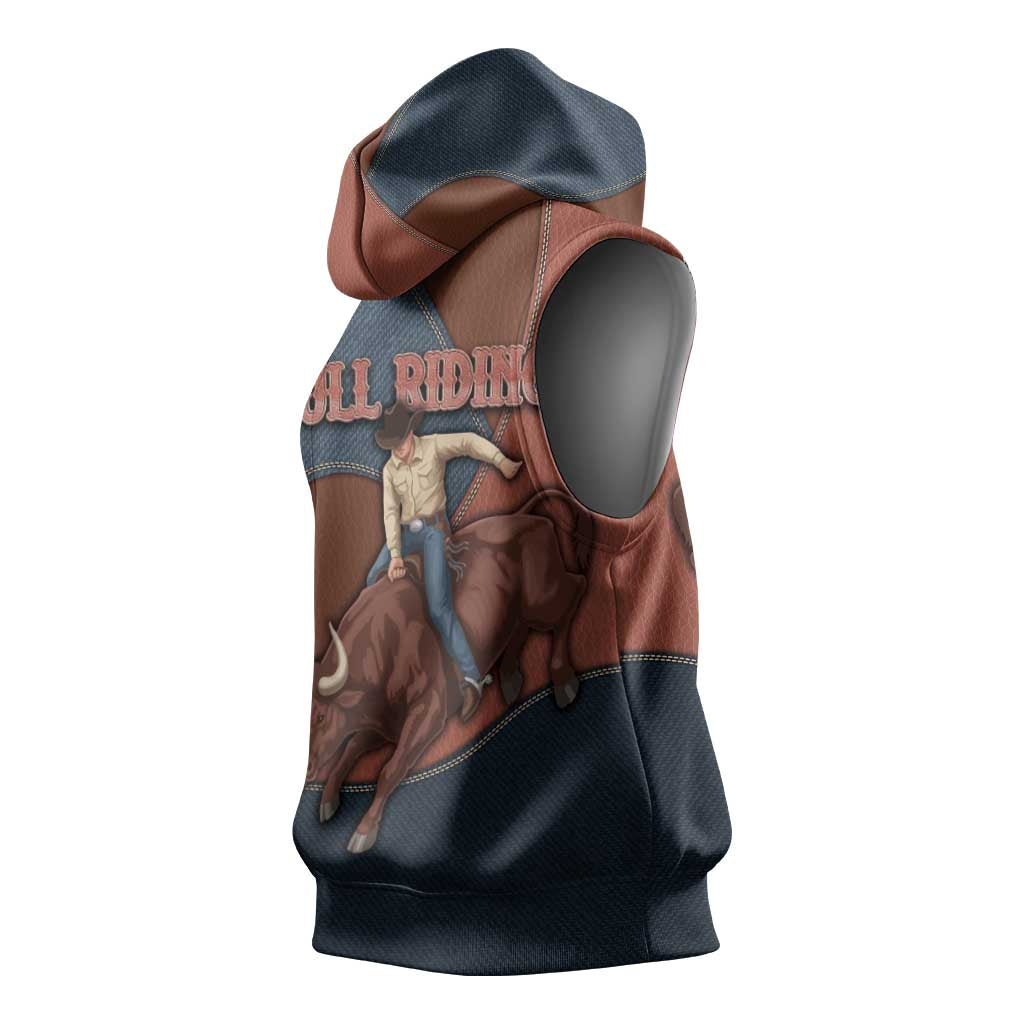 Bull Riding Sleeveless Hoodie Western Cowboy Denim And Leather Effect