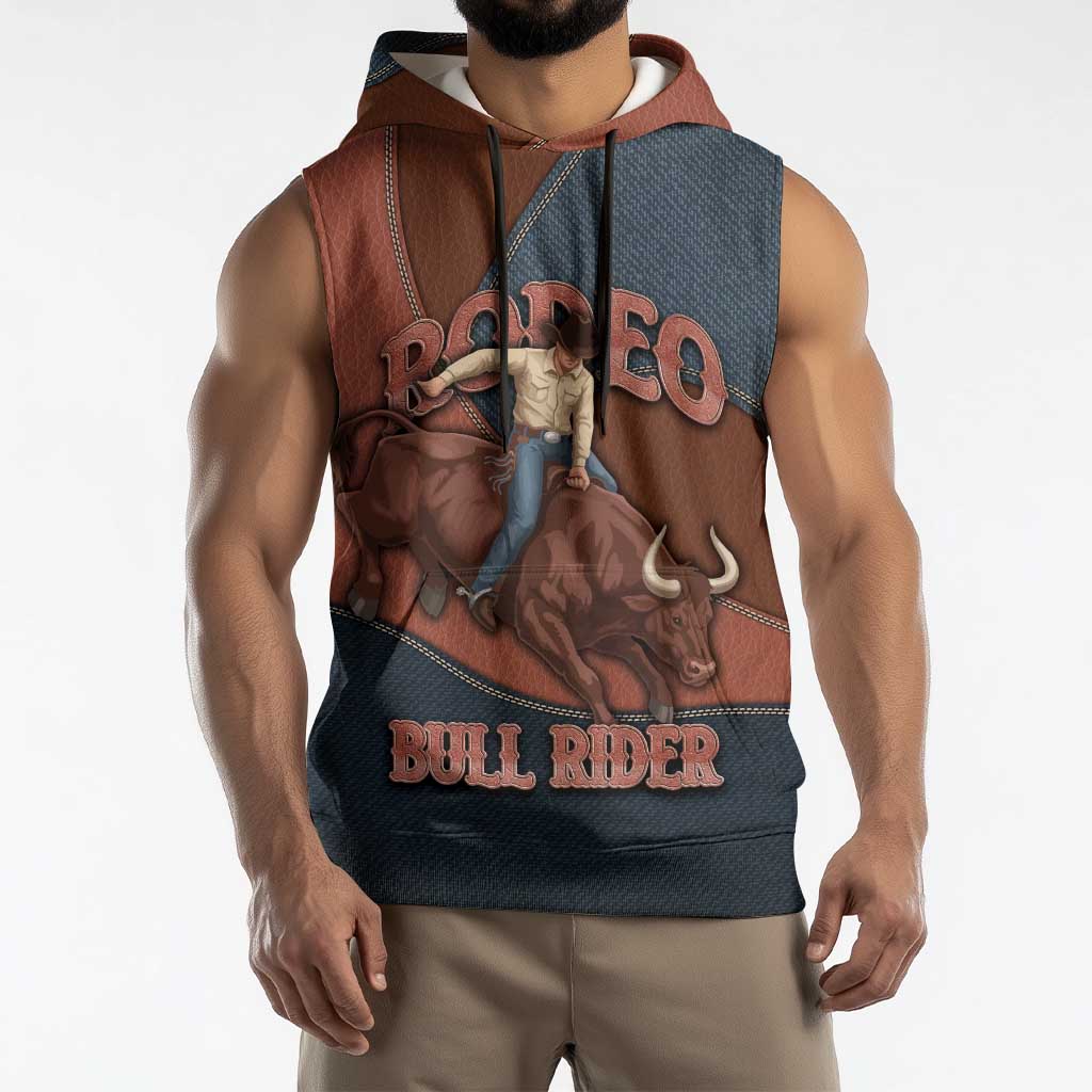 Bull Riding Sleeveless Hoodie Western Cowboy Denim And Leather Effect