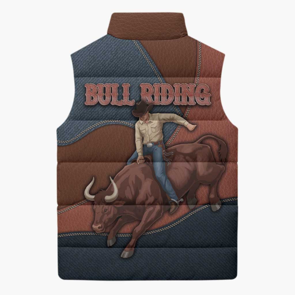 Bull Riding Sleeveless Puffer Jacket Western Cowboy Denim And Leather Effect