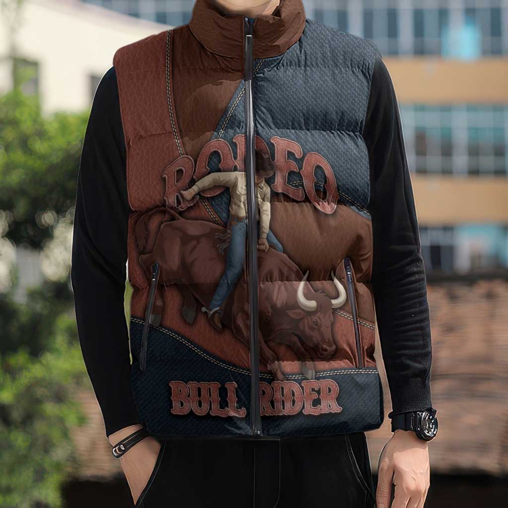 Bull Riding Sleeveless Puffer Jacket Western Cowboy Denim And Leather Effect