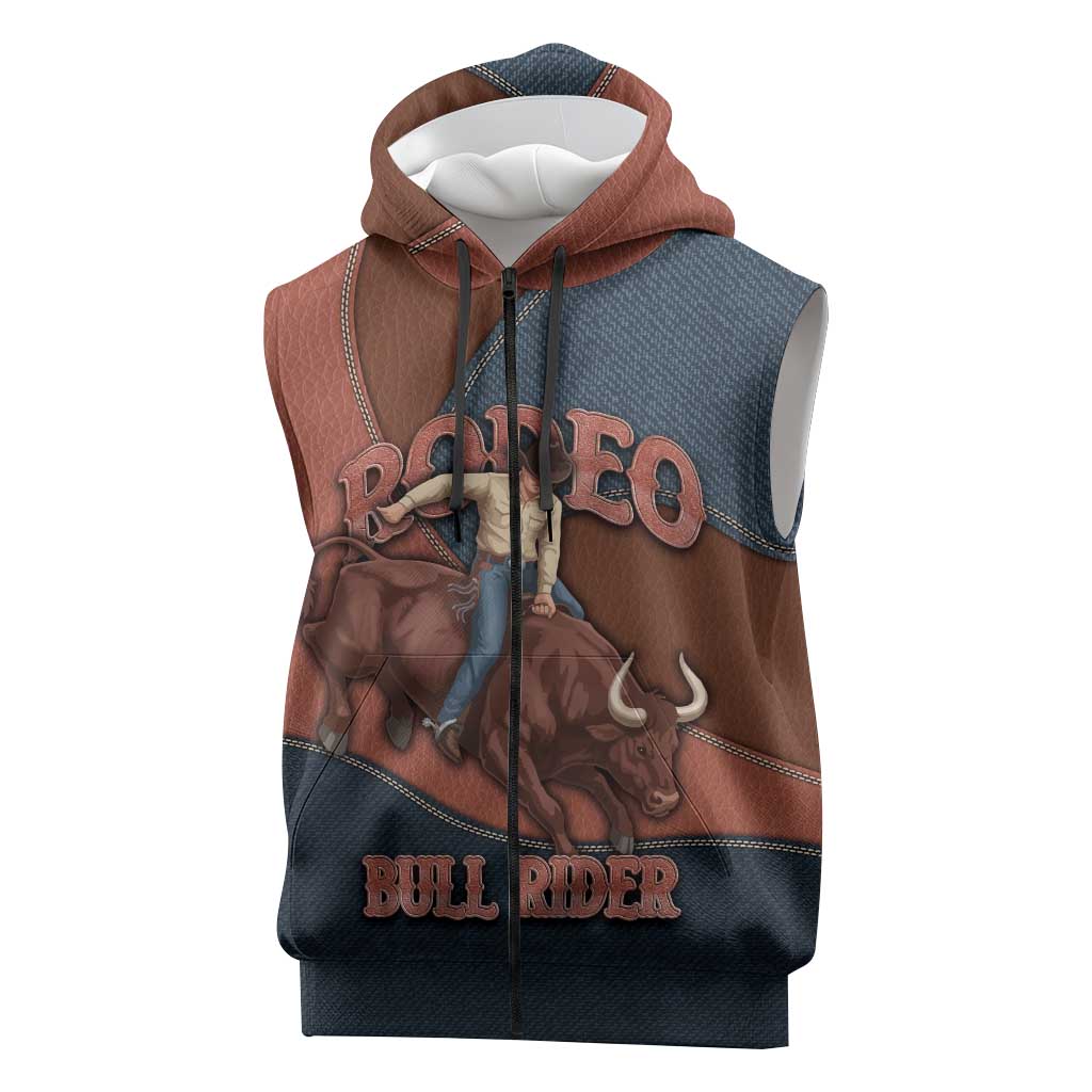 Bull Riding Sleeveless Zip Hoodie Western Cowboy Denim And Leather Effect
