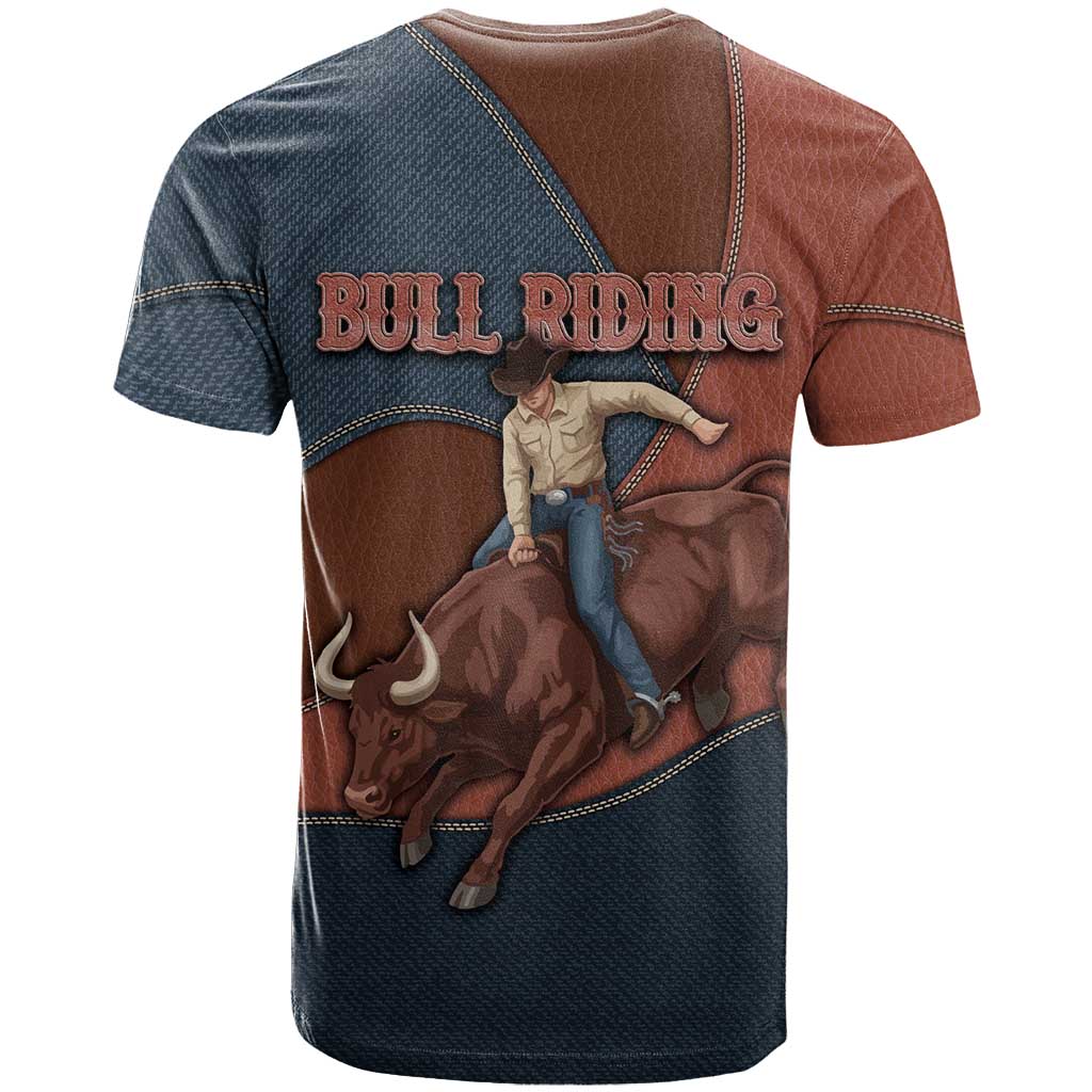 Bull Riding T Shirt Western Cowboy Denim And Leather Effect
