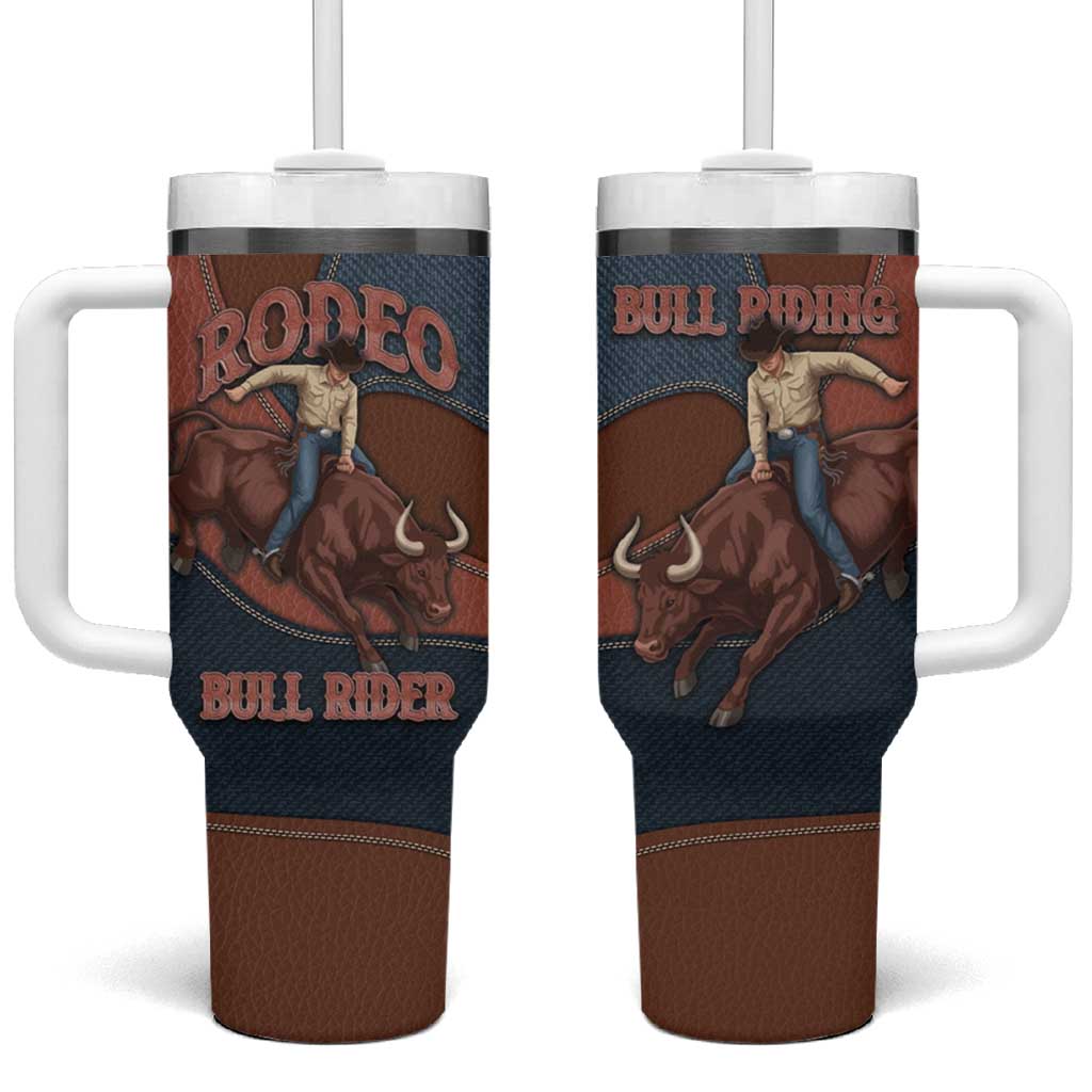 Bull Riding Tumbler With Handle Western Cowboy Denim And Leather Effect