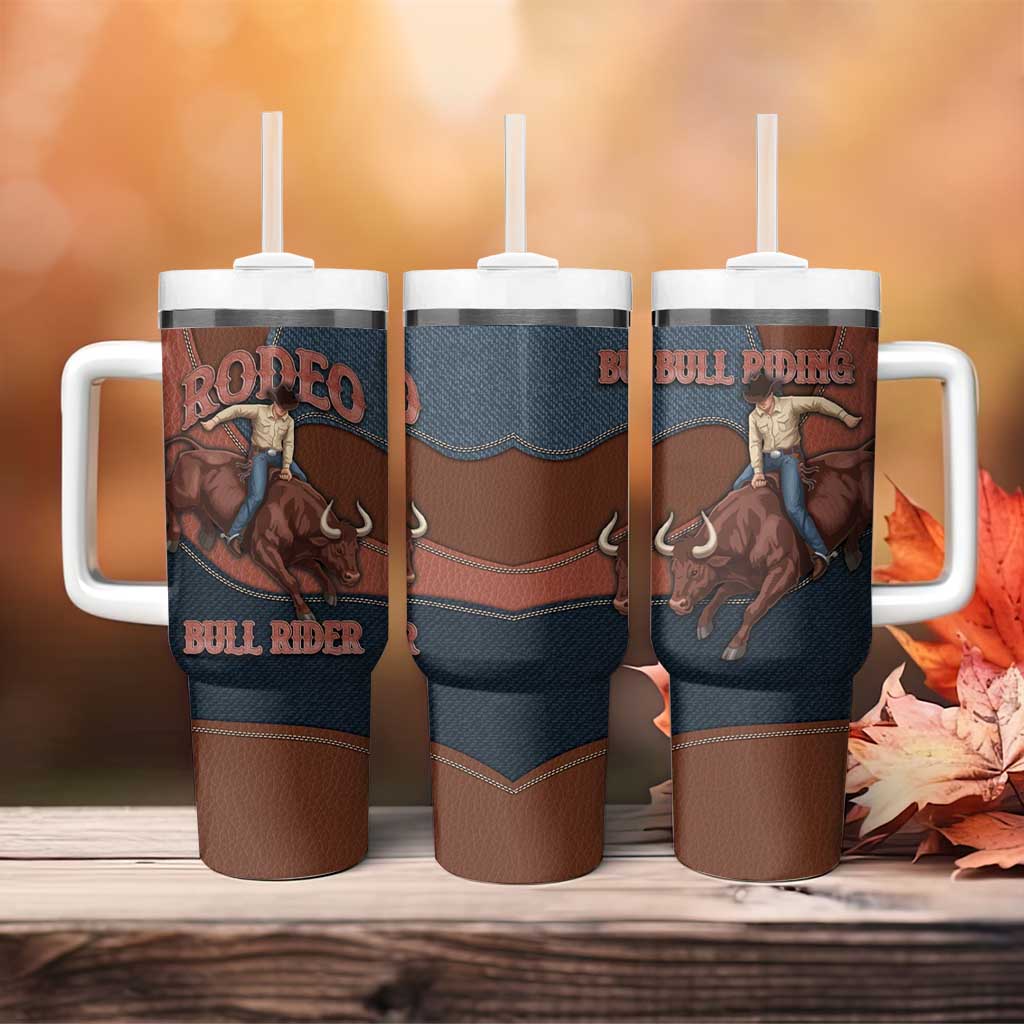Bull Riding Tumbler With Handle Western Cowboy Denim And Leather Effect
