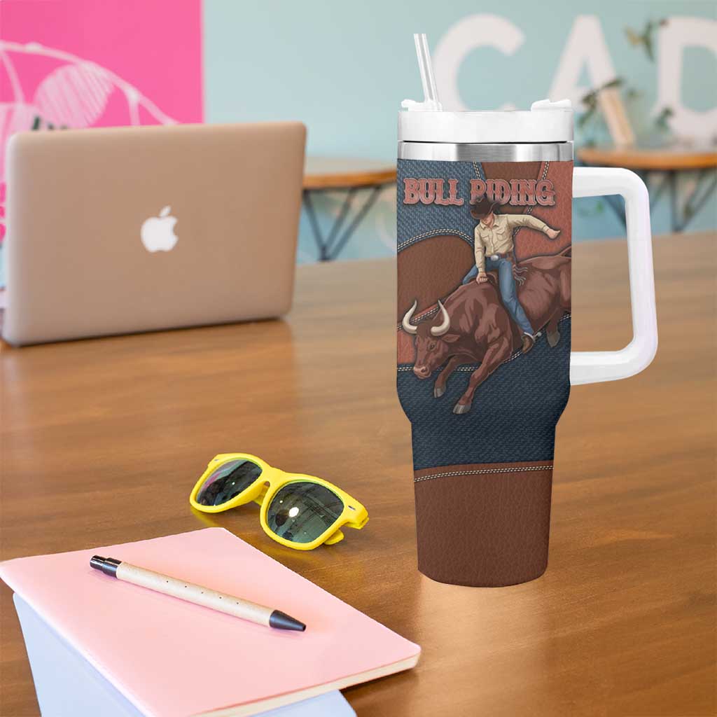 Bull Riding Tumbler With Handle Western Cowboy Denim And Leather Effect