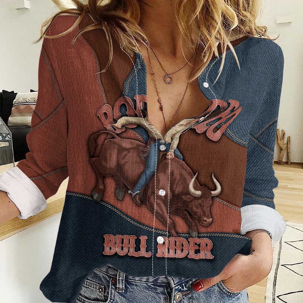 Bull Riding Women Casual Shirt Western Cowboy Denim And Leather Effect