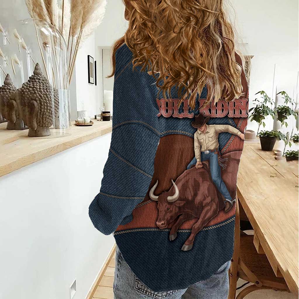 Bull Riding Women Casual Shirt Western Cowboy Denim And Leather Effect