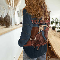 Bull Riding Women Casual Shirt Western Cowboy Denim And Leather Effect