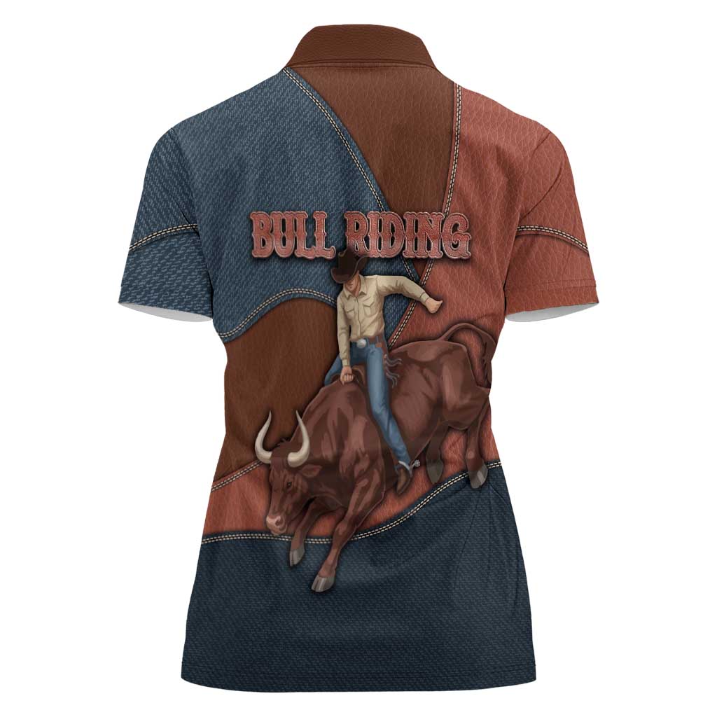 Bull Riding Women Polo Shirt Western Cowboy Denim And Leather Effect
