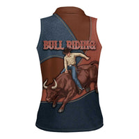 Bull Riding Women Sleeveless Polo Shirt Western Cowboy Denim And Leather Effect