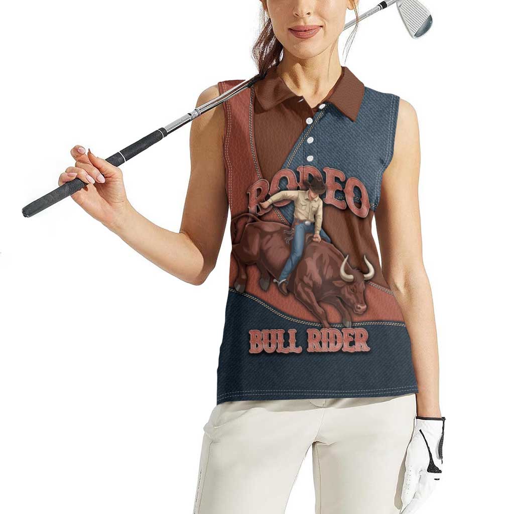 Bull Riding Women Sleeveless Polo Shirt Western Cowboy Denim And Leather Effect
