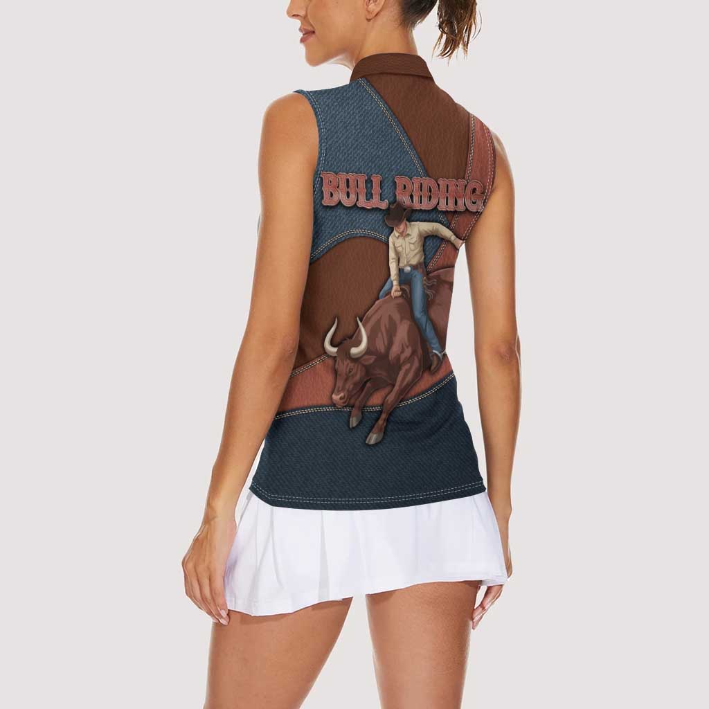 Bull Riding Women Sleeveless Polo Shirt Western Cowboy Denim And Leather Effect