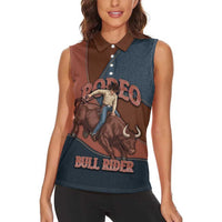 Bull Riding Women Sleeveless Polo Shirt Western Cowboy Denim And Leather Effect