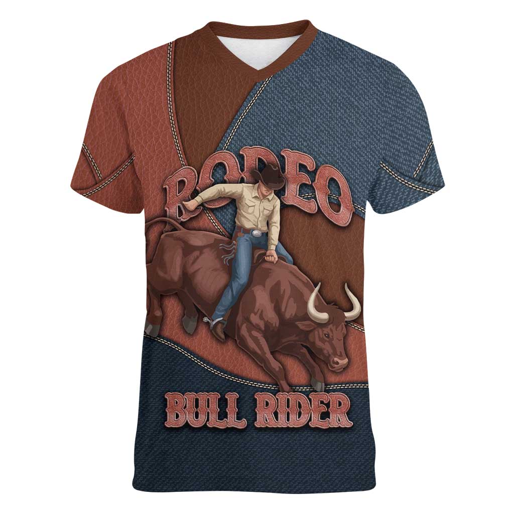 Bull Riding Women V-Neck T-Shirt Western Cowboy Denim And Leather Effect