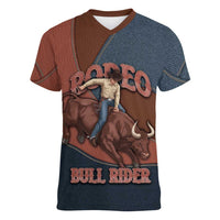 Bull Riding Women V-Neck T-Shirt Western Cowboy Denim And Leather Effect