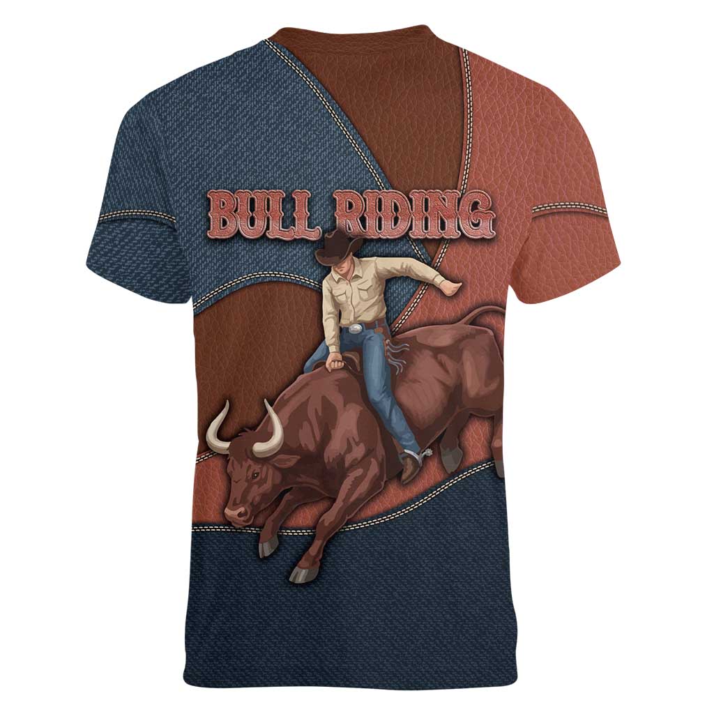 Bull Riding Women V-Neck T-Shirt Western Cowboy Denim And Leather Effect
