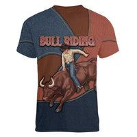 Bull Riding Women V-Neck T-Shirt Western Cowboy Denim And Leather Effect