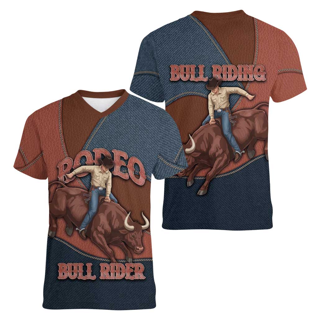 Bull Riding Women V-Neck T-Shirt Western Cowboy Denim And Leather Effect