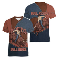 Bull Riding Women V-Neck T-Shirt Western Cowboy Denim And Leather Effect