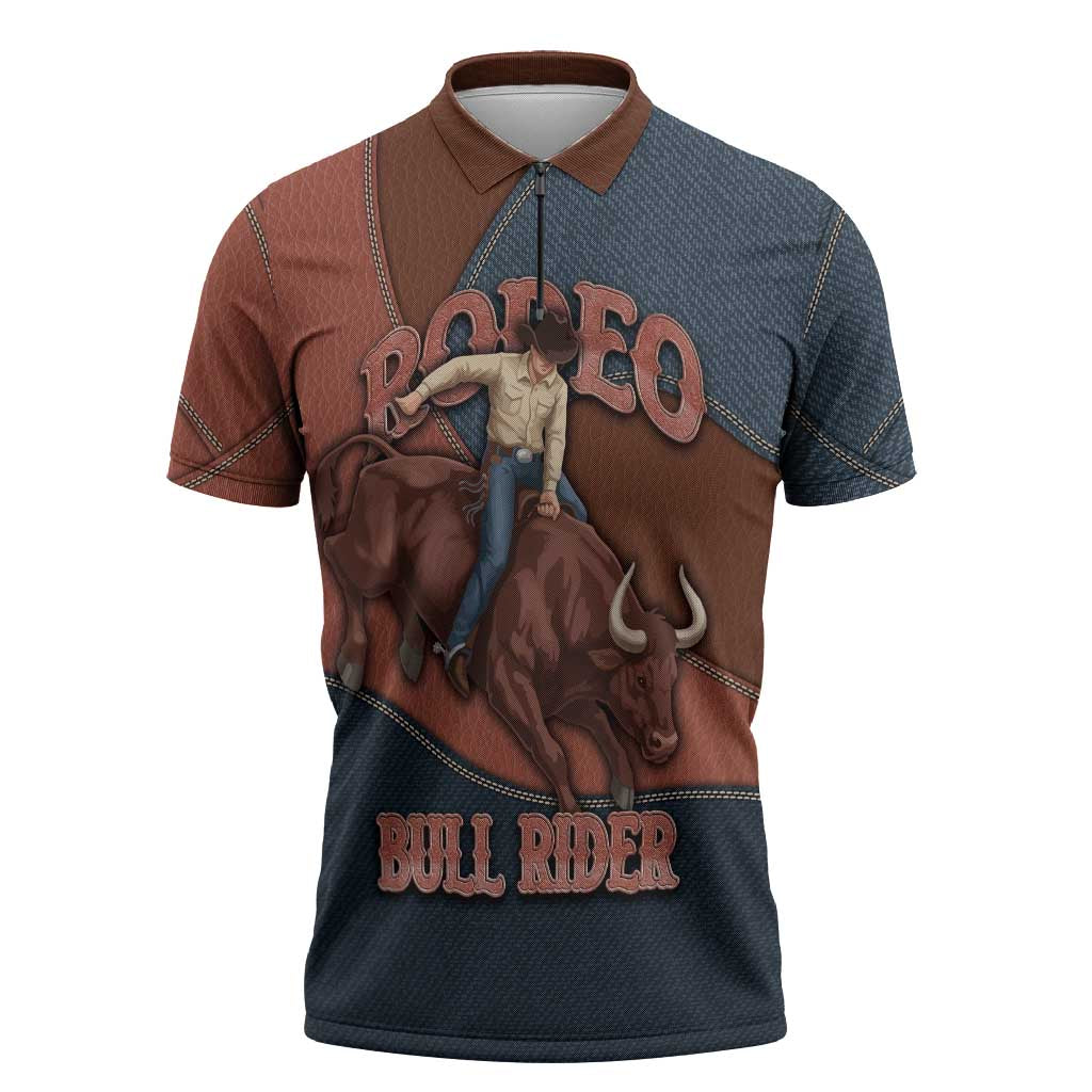 Bull Riding Zipper Polo Shirt Western Cowboy Denim And Leather Effect