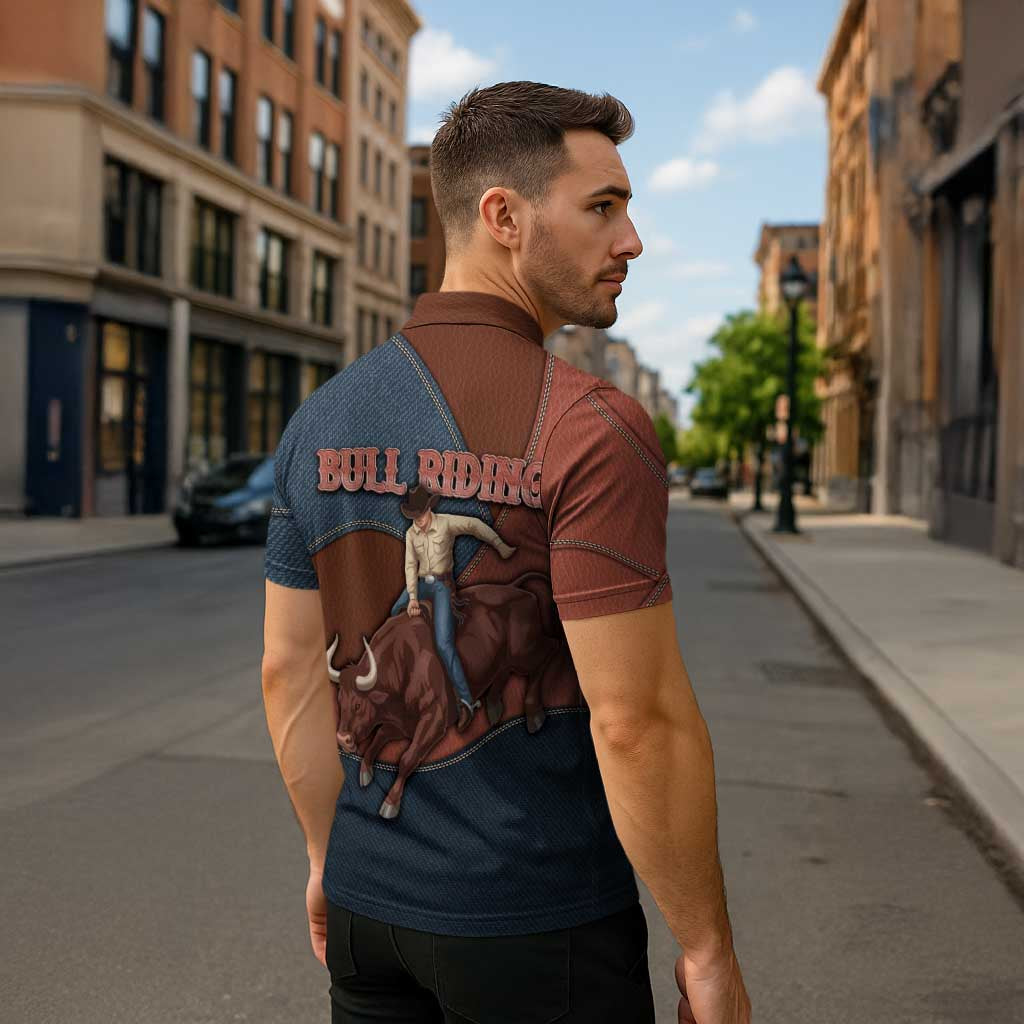 Bull Riding Zipper Polo Shirt Western Cowboy Denim And Leather Effect