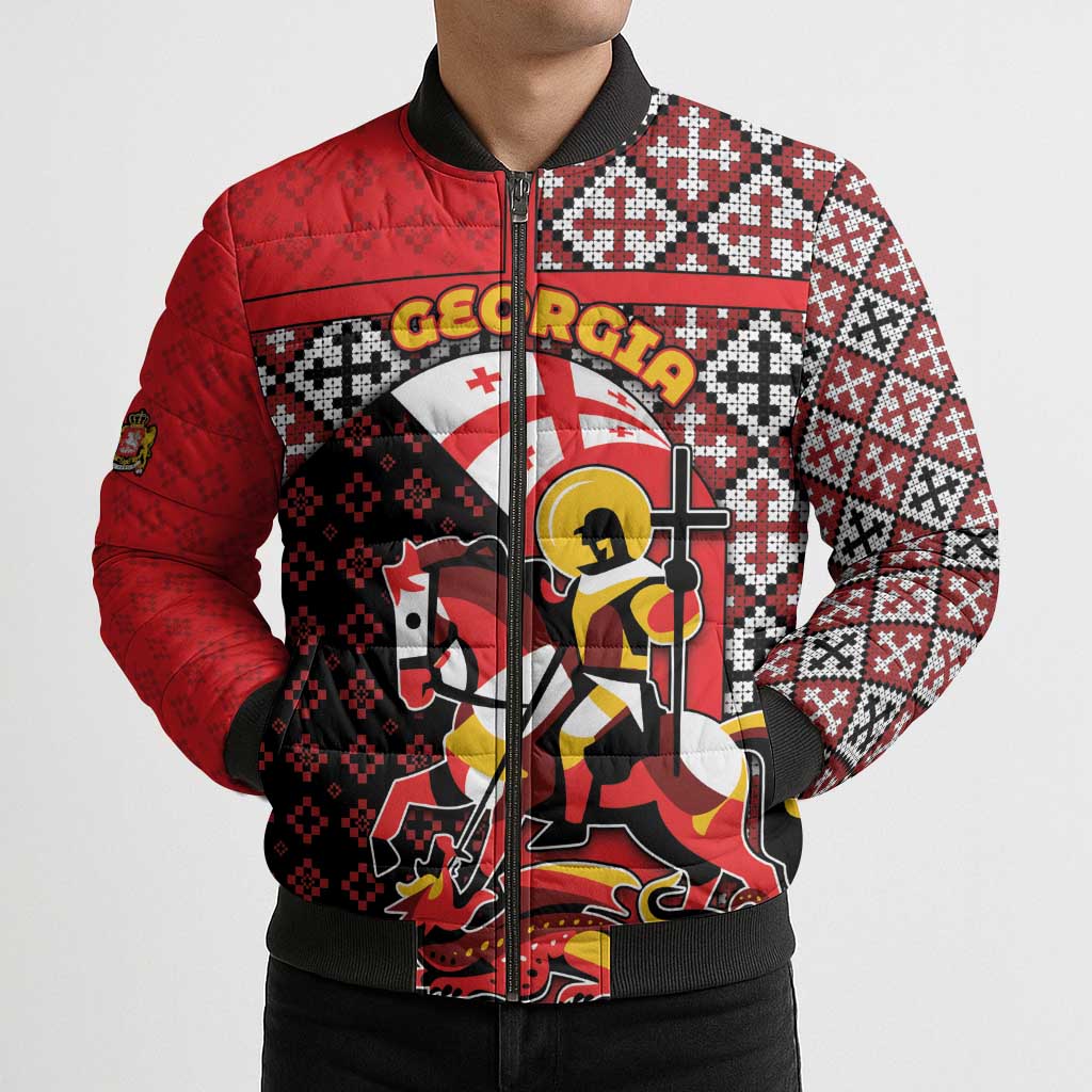 Personalized Georgia Bomber Puffer Jacket Saint George Dragon Slayer Folk Pattern