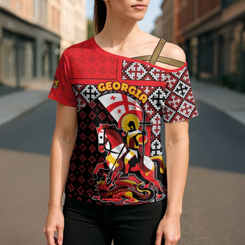 Personalized Georgia Cross Shoulder Shirt Saint George Dragon Slayer Folk Pattern