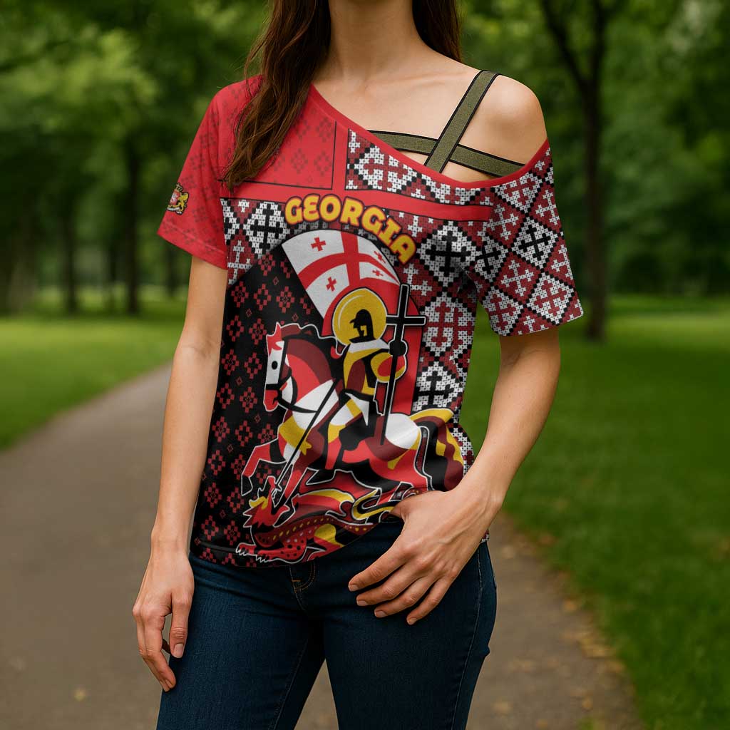 Personalized Georgia Cross Shoulder Shirt Saint George Dragon Slayer Folk Pattern