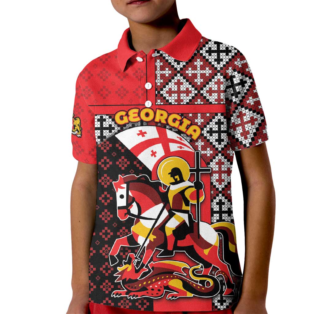 Personalized Georgia Kid Polo Shirt Saint George Dragon Slayer Folk Pattern
