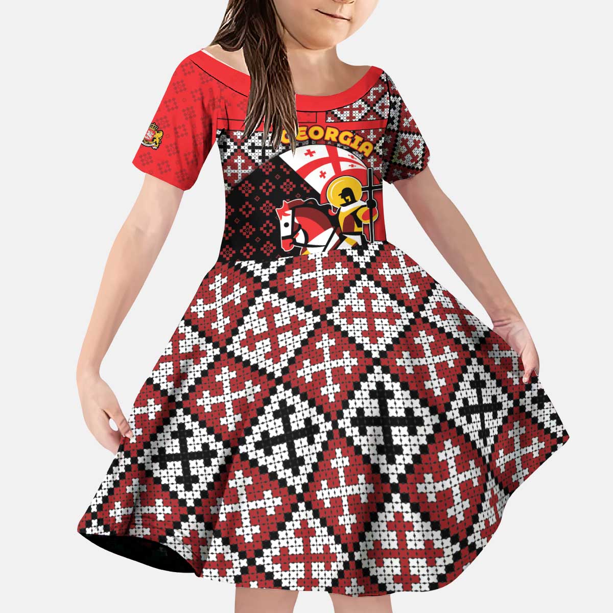 Personalized Georgia Kid Short Sleeve Dress Saint George Dragon Slayer Folk Pattern