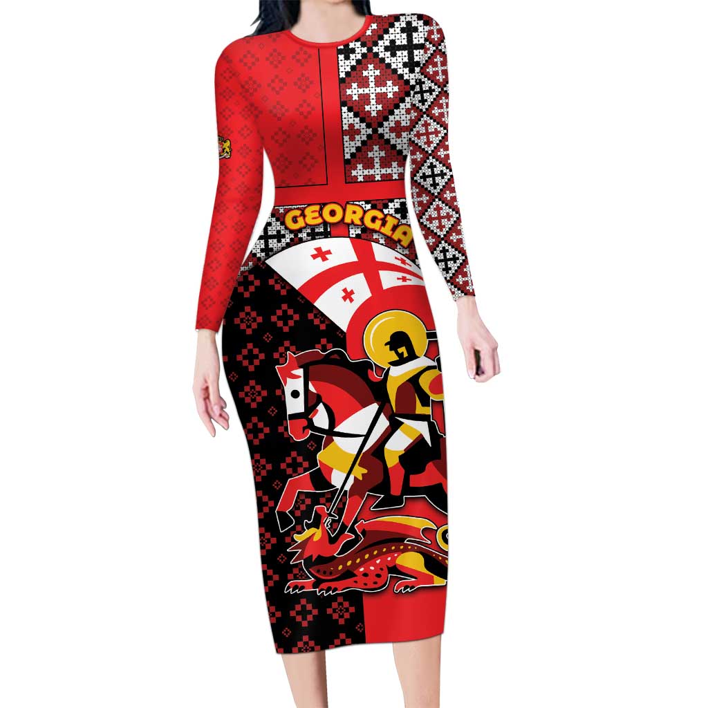 Personalized Georgia Long Sleeve Bodycon Dress Saint George Dragon Slayer Folk Pattern