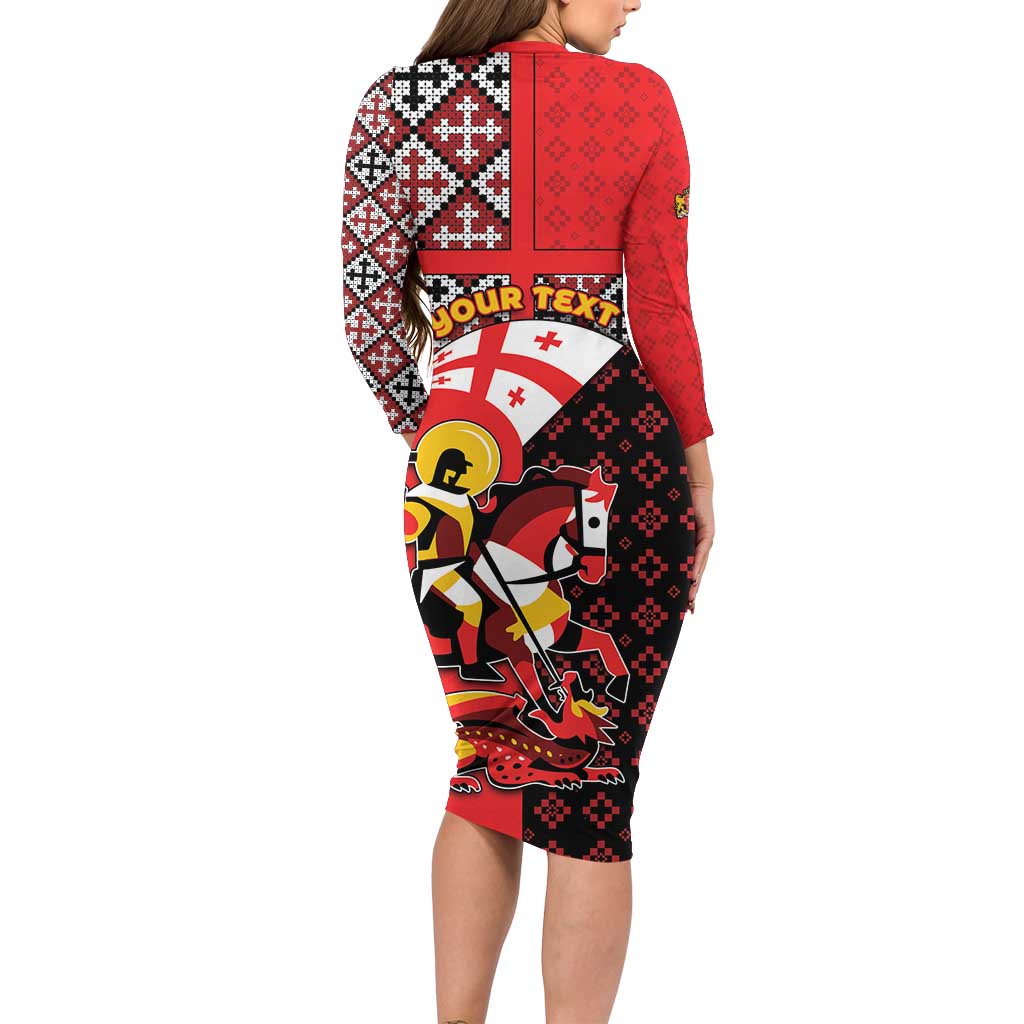 Personalized Georgia Long Sleeve Bodycon Dress Saint George Dragon Slayer Folk Pattern