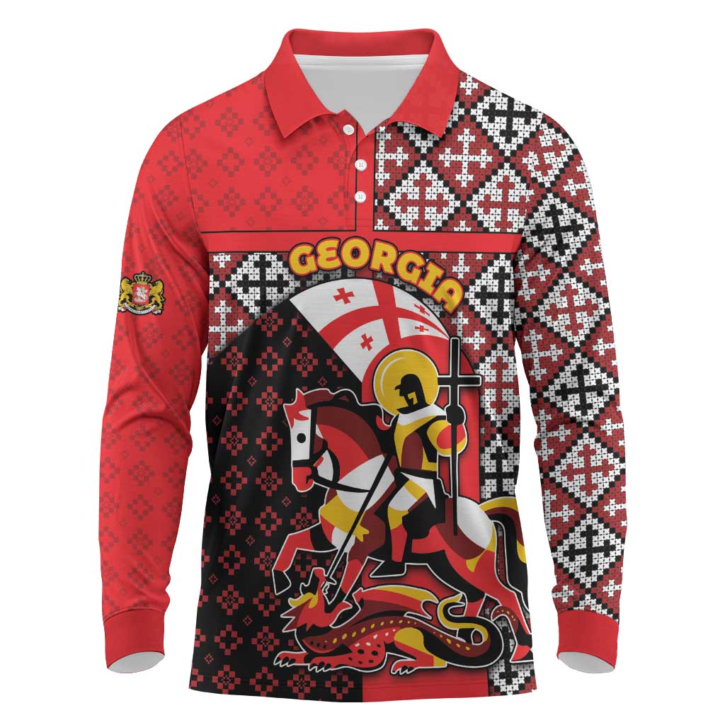 Personalized Georgia Long Sleeve Polo Shirt Saint George Dragon Slayer Folk Pattern