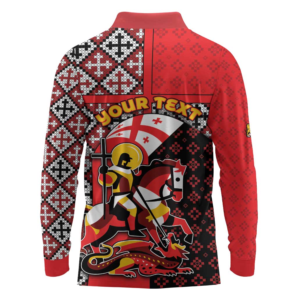 Personalized Georgia Long Sleeve Polo Shirt Saint George Dragon Slayer Folk Pattern