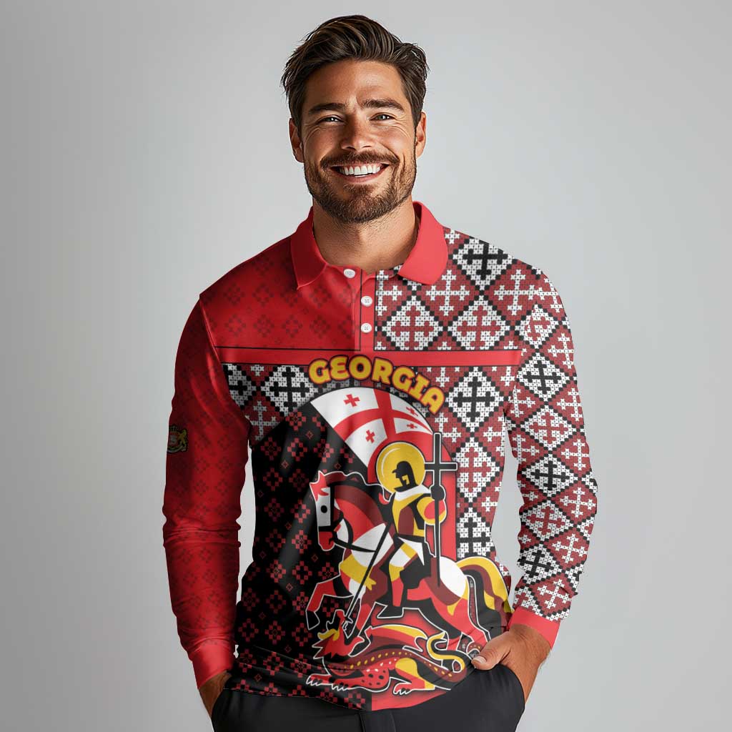 Personalized Georgia Long Sleeve Polo Shirt Saint George Dragon Slayer Folk Pattern