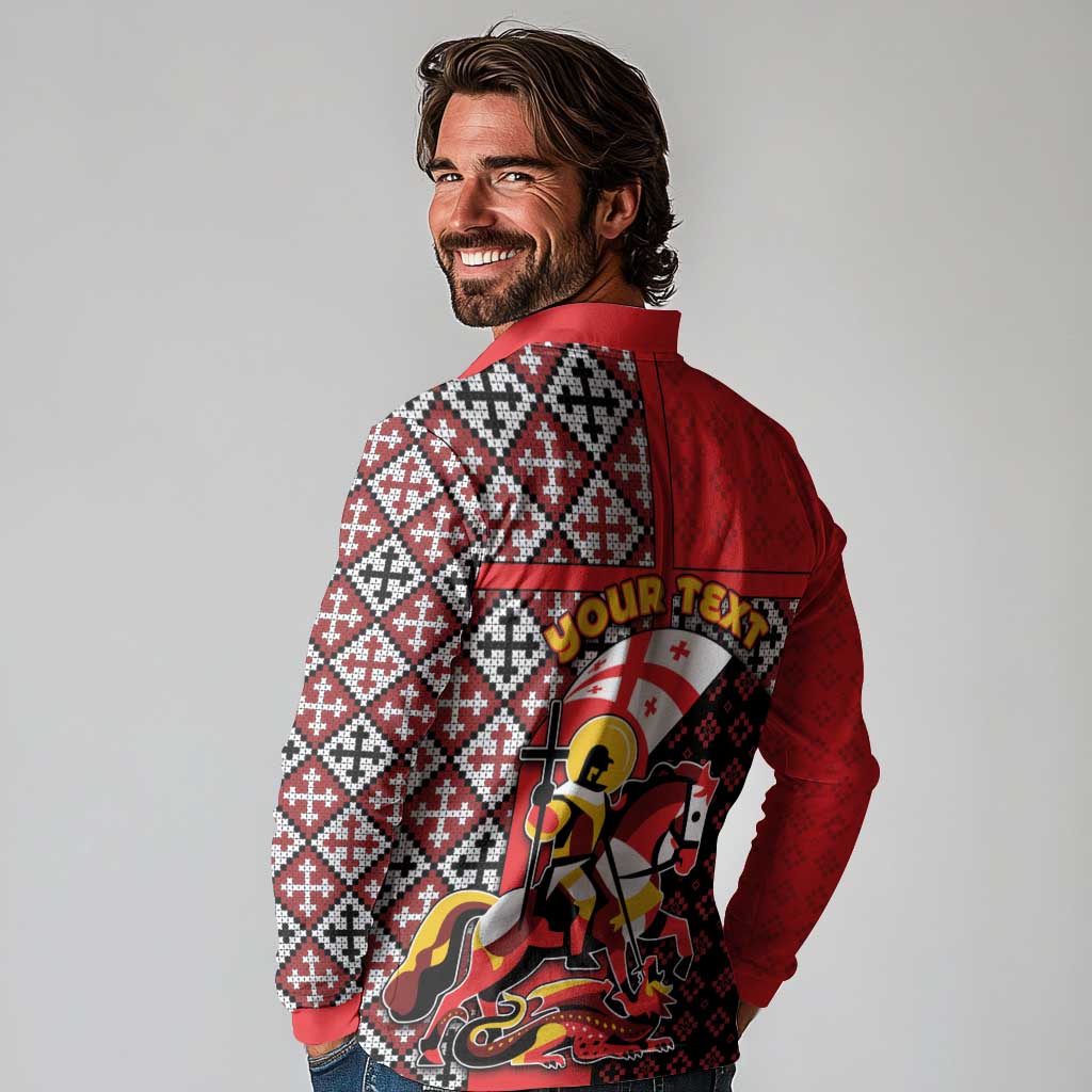 Personalized Georgia Long Sleeve Polo Shirt Saint George Dragon Slayer Folk Pattern