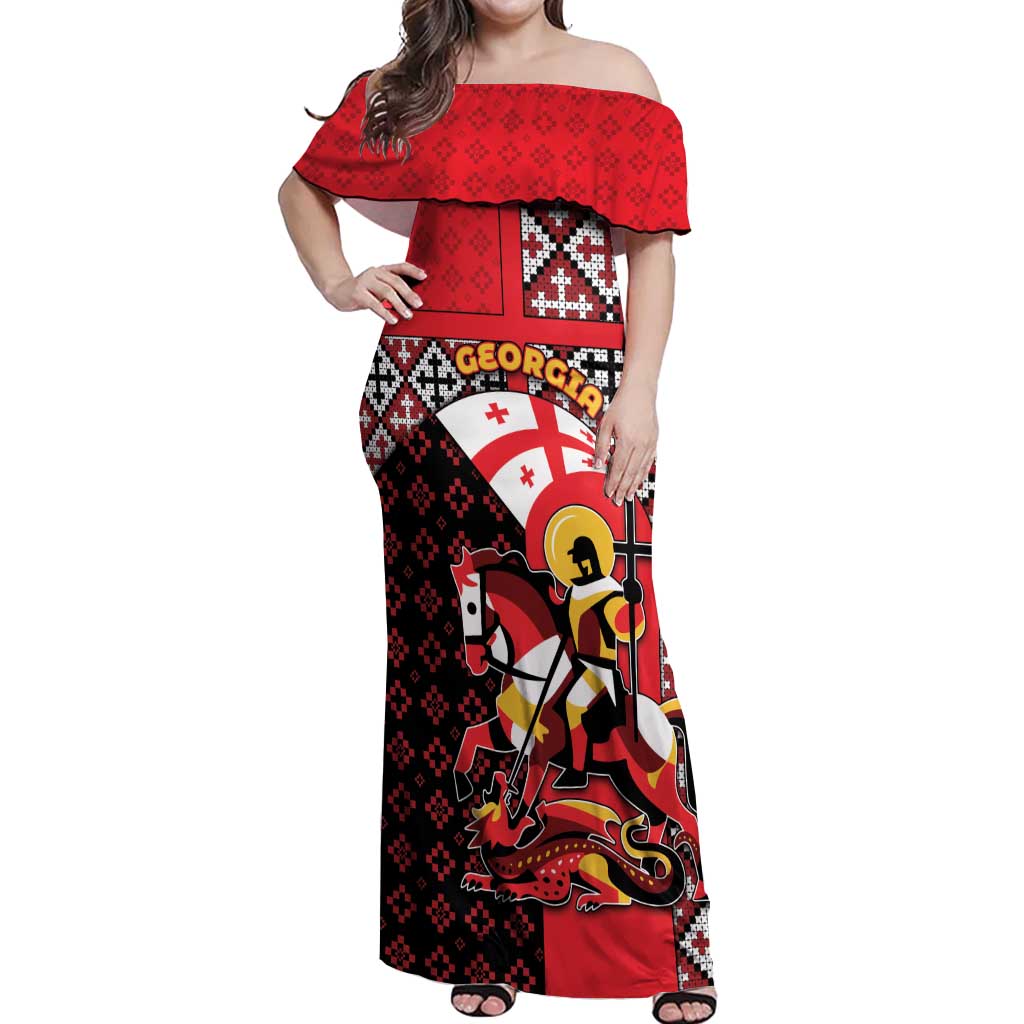 Personalized Georgia Off Shoulder Maxi Dress Saint George Dragon Slayer Folk Pattern
